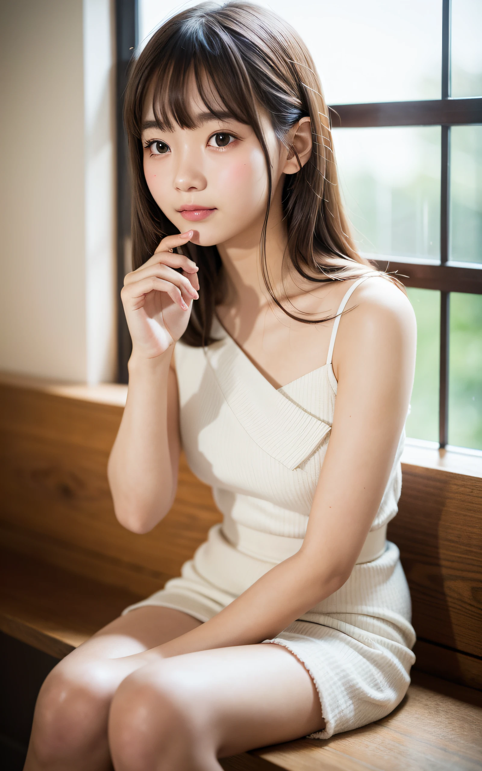 masterpiece, Best Quality, 8K, 1girl, 14 yo, Raw photo, Professional Photography, Portrait, Soft light, Professional Lighting, Solo, relax, Calm, Smile, Cute, Girly, Goddess, Delicate girl, Neat and clean beauty, Digital SLR, Looking away, Sophisticated, Film grain, (Eyes and faces with detailed:1.0), bangs, tea shop