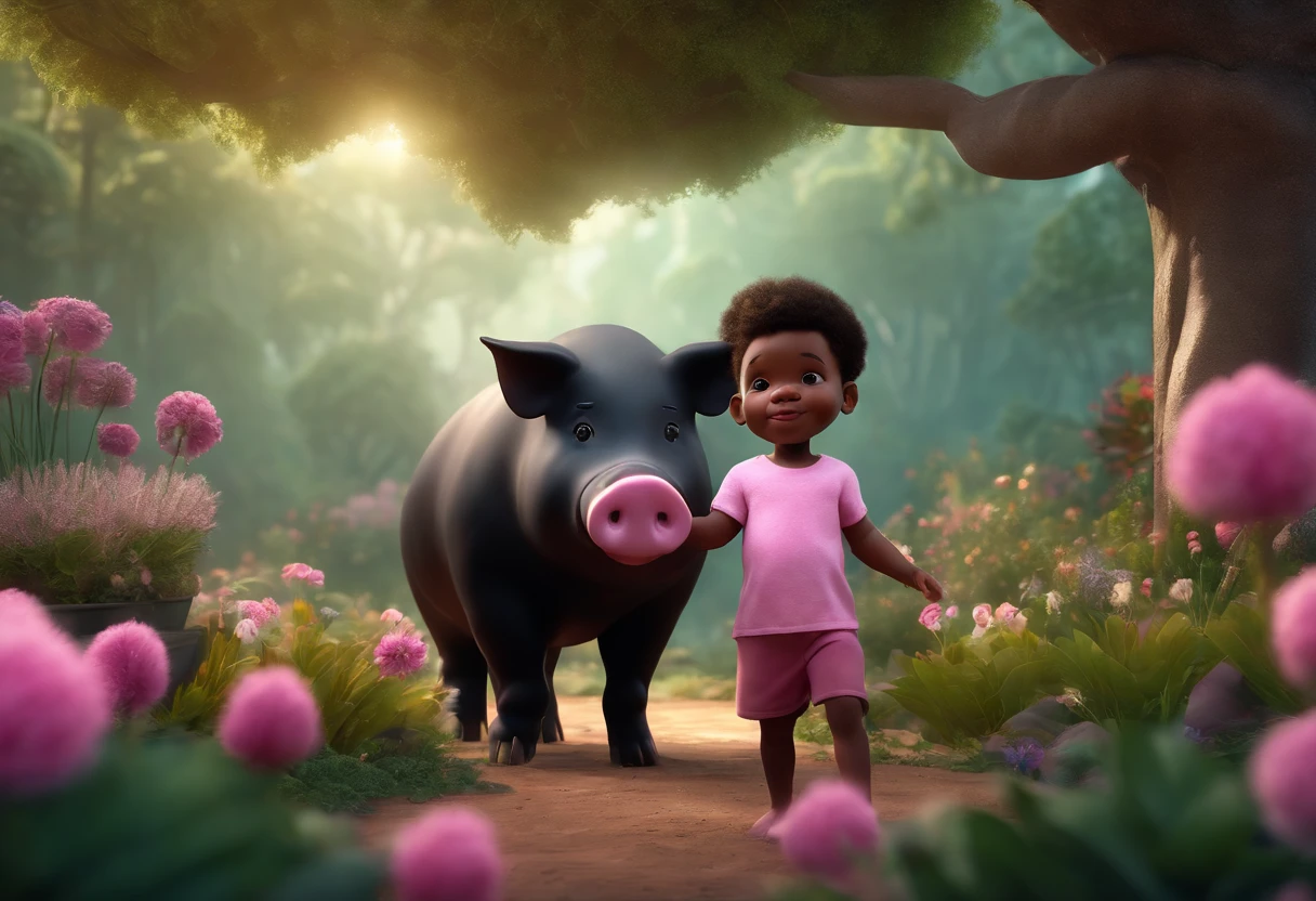 BLACK MALE AFRICAN 5 YEAR OLD SON IN A GARDEN WITH FLUFFY PINK PIG, NATURE, 8K, detailed matte painting, deep color, fantastical, intricate detail, splash screen, complementary colors, fantasy concept art, 8k resolution trending on Artstation Unreal Engine 5"