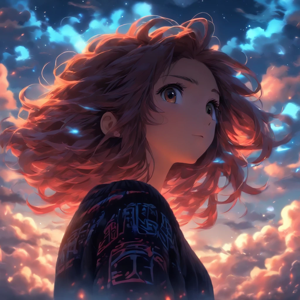 very beatiful girl, Bright brown eyes, long, even dark red hair, ogle, blush on cheeks, Long knitted sweater in black, blue sky, clouds, a lot of bright hieroglyphs