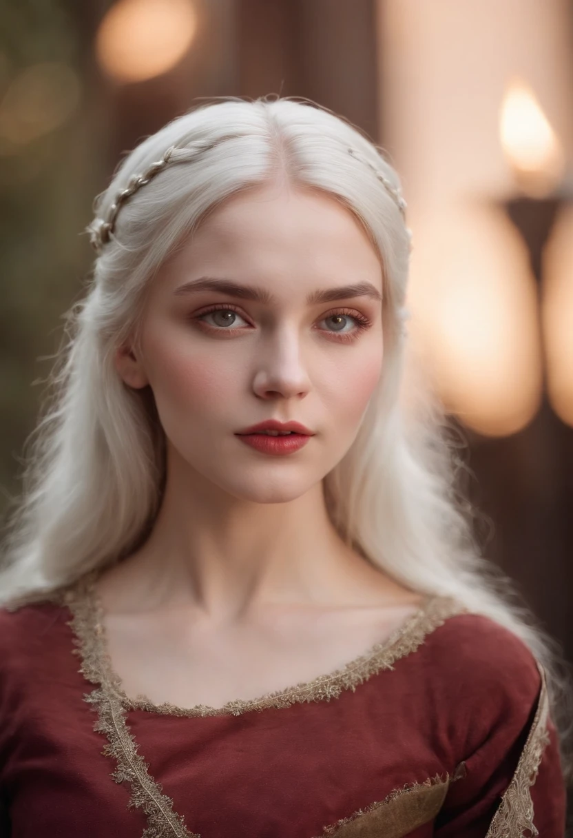 (((a deep reddish wound crosses her left cheek))) fair complexion, woman around 19 years old, natural white hair, distinctive green eyes, wearing kohl, slender and graceful, beautiful, candlelight in a medieval setting, ultra sharp focus, realistic shot, medieval female clothes, tetradic colors (scar:1.4)