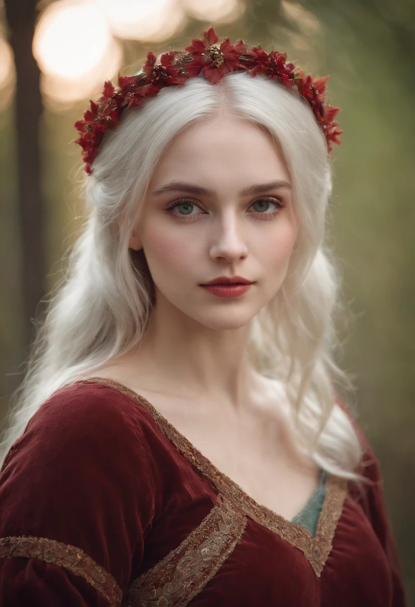 (((a deep reddish wound crosses her left cheek))) fair complexion, woman around 19 years old, natural white hair, distinctive green eyes, wearing kohl, slender and graceful, beautiful, candlelight in a medieval setting, ultra sharp focus, realistic shot, medieval female clothes, tetradic colors (scar:1.4)