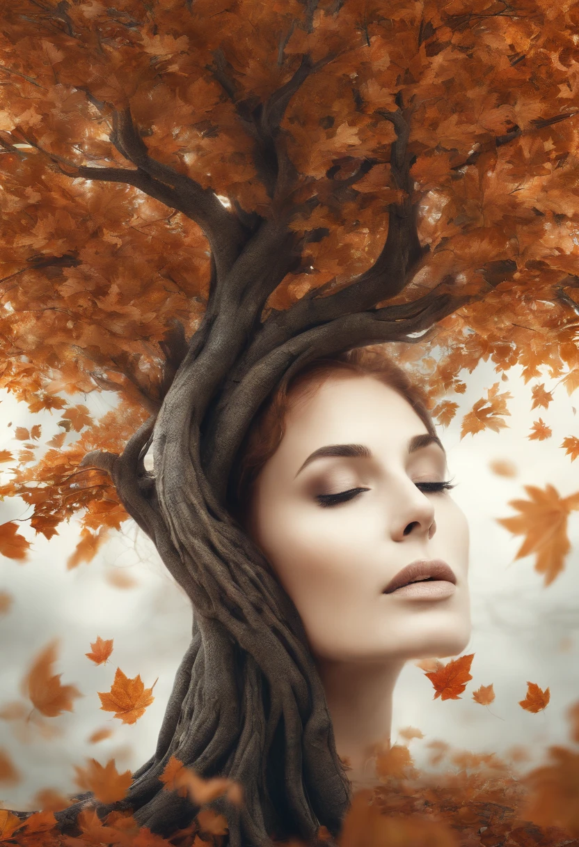 close up, Arbomorph A hug of woman face turn into a leafy tree, with roots as legs, branches like arms, some leaves fly on a white background,l