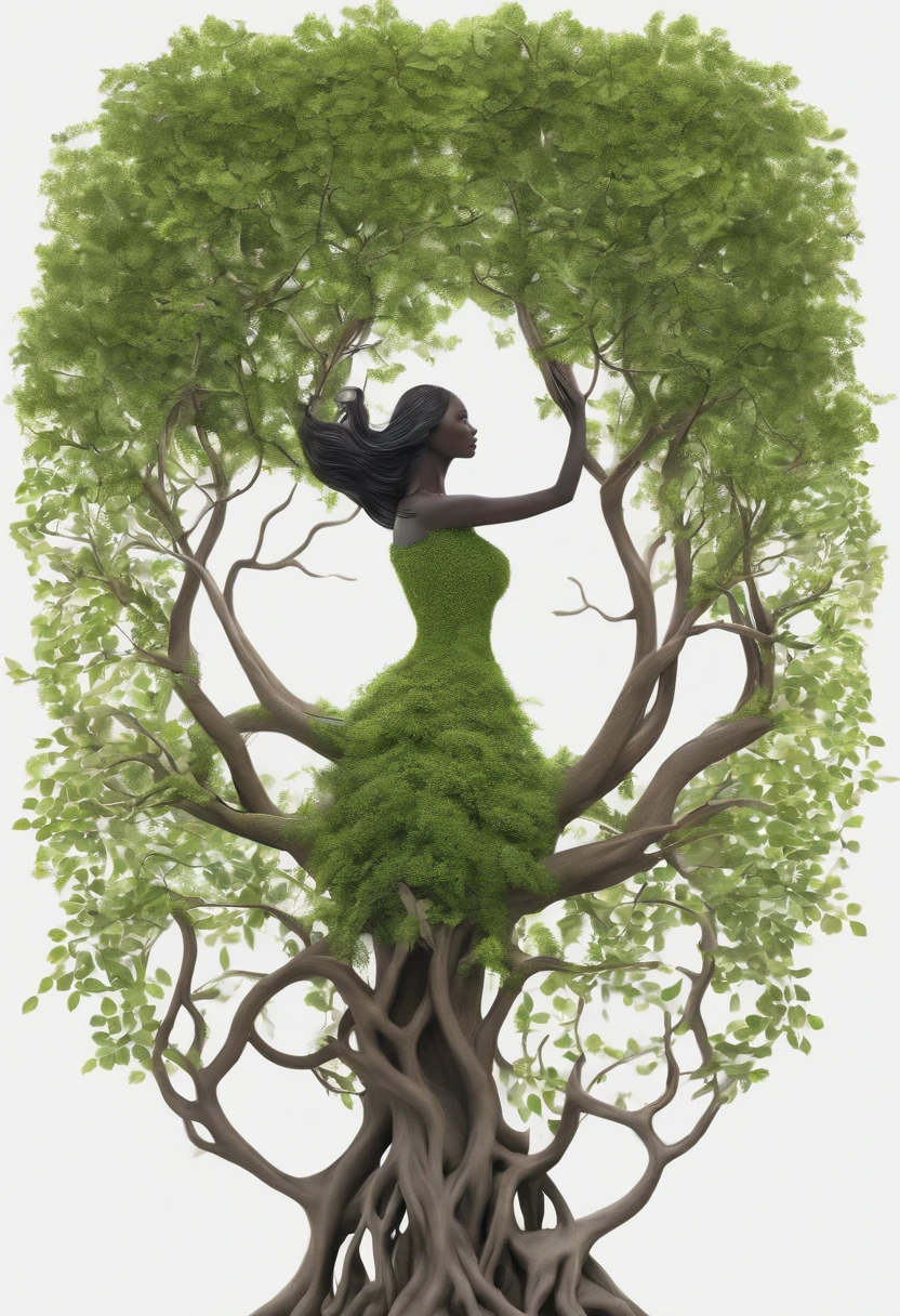 close up, Arbomorph A hug of woman face turn into a leafy tree, with roots as legs, branches like arms, some leaves fly on a white background,l