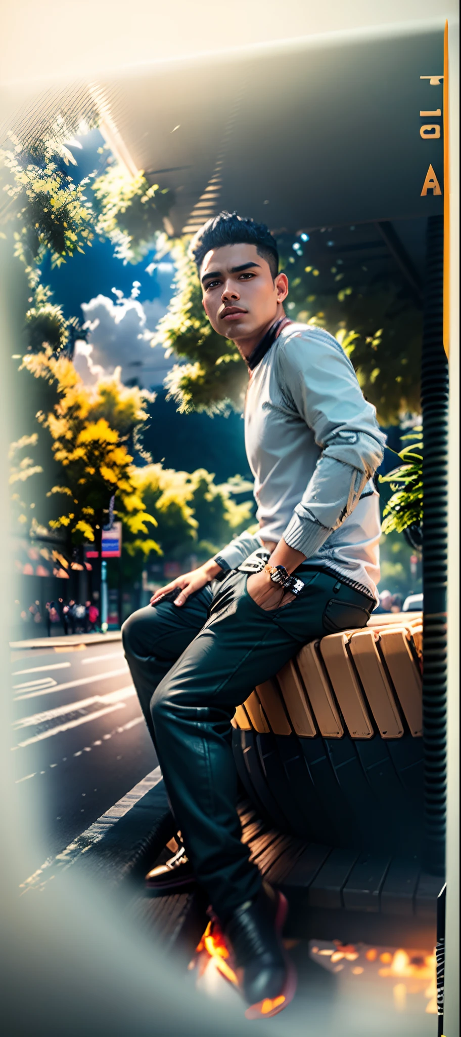 there is a man sitting on a yellow and black fire hydrant, casual photography, street pic, by Abidin Dino, with a cool pose, potrait, photograpgy, photography portrait, high quality upload, inspired by Rudy Siswanto, candid picture, style of ade santora, casual pose, sittin, shot on nikon z9, photography shot,there is a man wearing sunglasses sitting in front of a bus, inspired by Bikash Bhattacharjee, jayison devadas style, with accurate face, assamese aesthetic, facebook post, jayison devadas, facebook profile picture, inspired by Saurabh Jethani, with a cool pose, candid picture, riyahd cassiem,Best quality, 1024k, 1024k, perfect body, ultra detailed face, , detailed eyes handsome boy, realistic face, ultra realistic,
