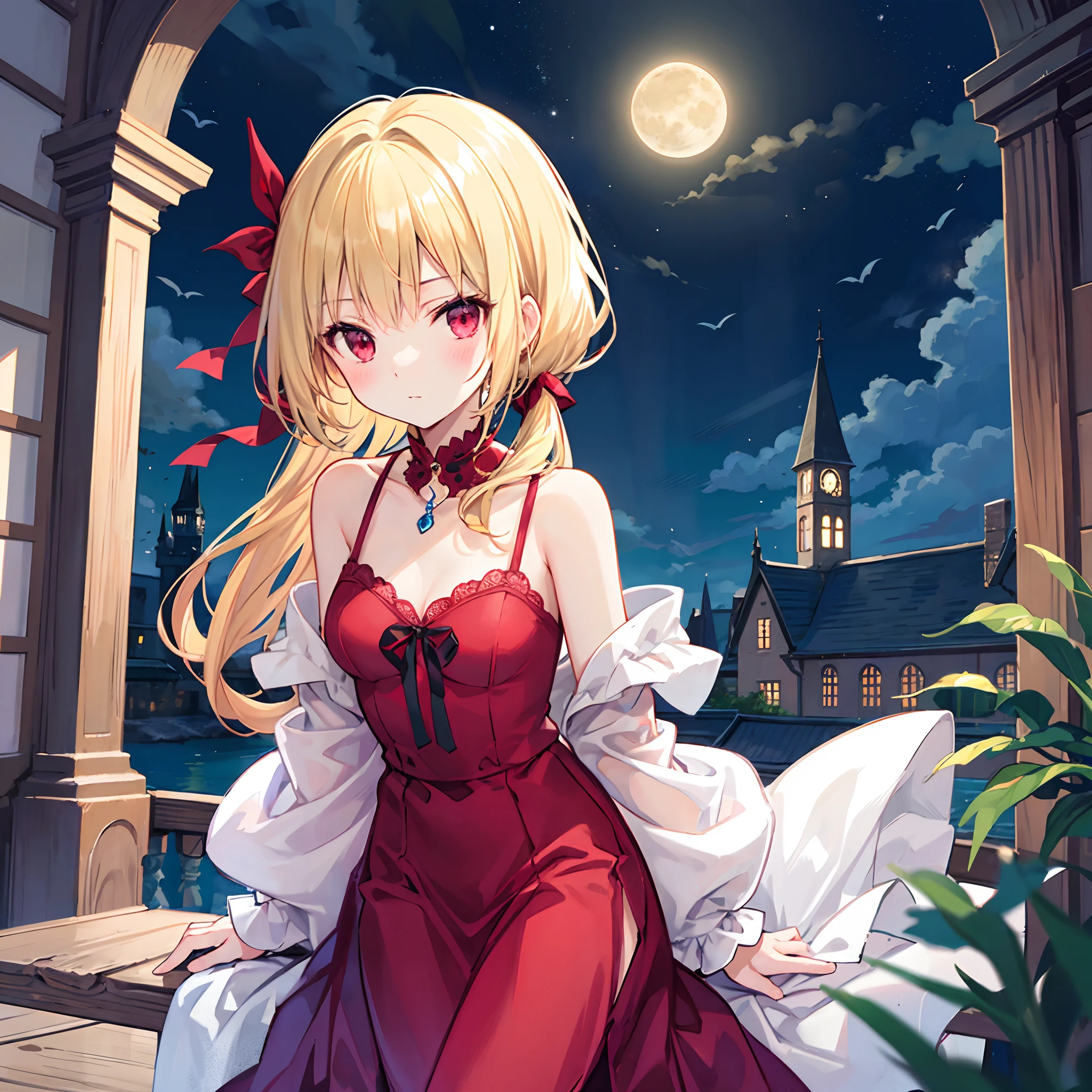 a blond、red eyes、Beautiful girl alone、独奏、animesque、Midnight、a moon、Western castles、doress、a miniskirt、off shoulders
