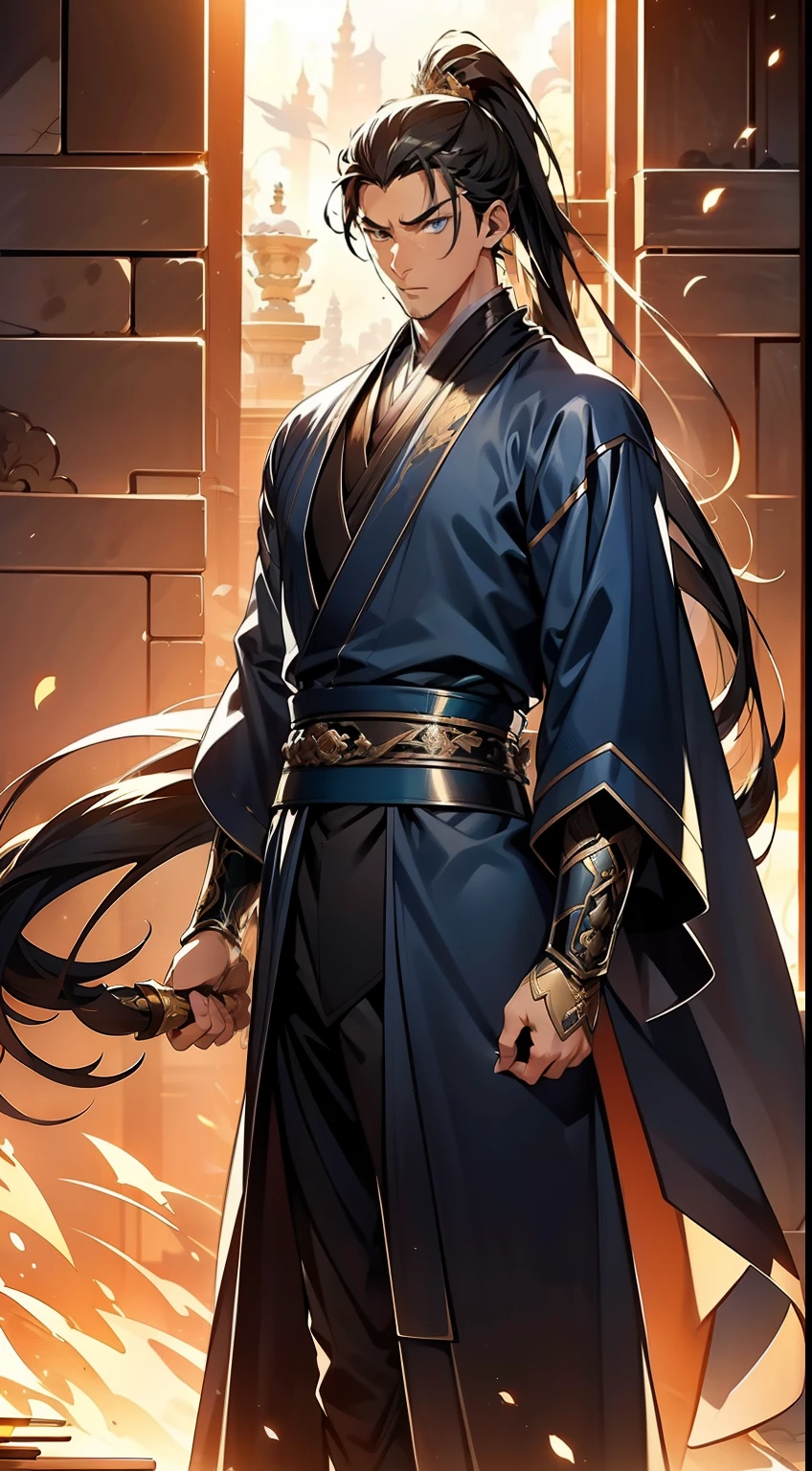 quadratic element，style of anime，mtu（Male Warrior），The proportions are correct，Face details，swordsmen，High ponytail hairstyle，Neck details，There is an Adam's apple，Blue suit，kaftan，long blue robes，clothes details，Handing over，longer sleeves，Game quality，Swordsmanship，Light and shadow tracking，Ray traching，detailed glow，cg render，hair detail，Black long hair，blue colored eyes，Handsome，Handsome，（juvenile sense），Clothing is complicated，Perfectcomposition，Refinement，high qulity，higher details，Lots of details，The background is complex，a sense of atmosphere，