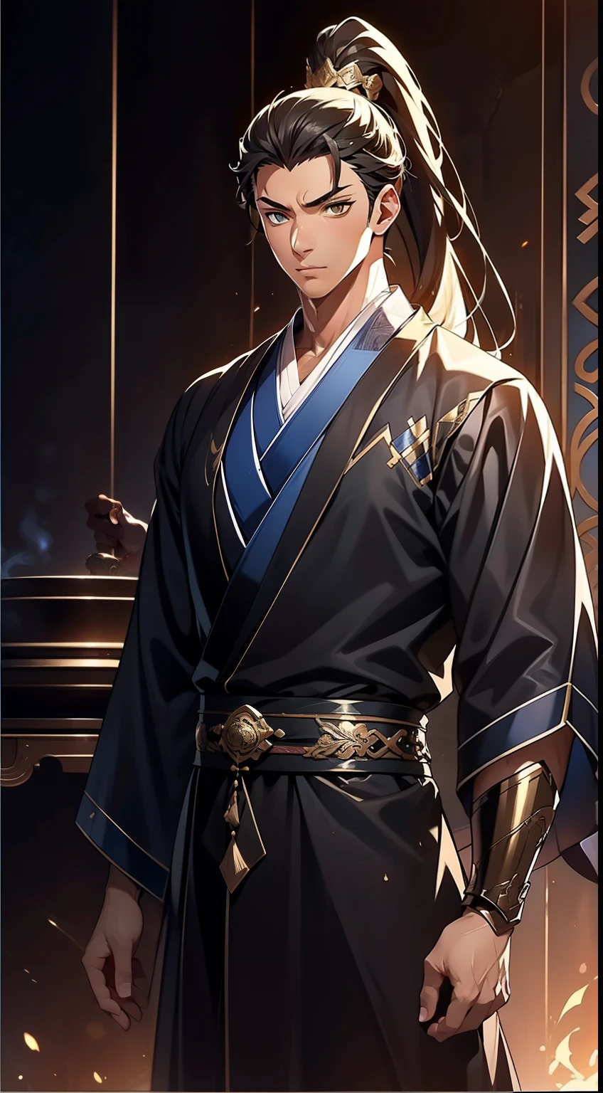 quadratic element，style of anime，mtu（Male Warrior），The proportions are correct，Face details，swordsmen，High ponytail hairstyle，Neck details，There is an Adam's apple，Blue suit，kaftan，long blue robes，clothes details，Handing over，longer sleeves，Game quality，Swordsmanship，Light and shadow tracking，Ray traching，detailed glow，cg render，hair detail，Black long hair，blue colored eyes，Handsome，Handsome，（juvenile sense），Clothing is complicated，Perfectcomposition，Refinement，high qulity，higher details，Lots of details，The background is complex，a sense of atmosphere，