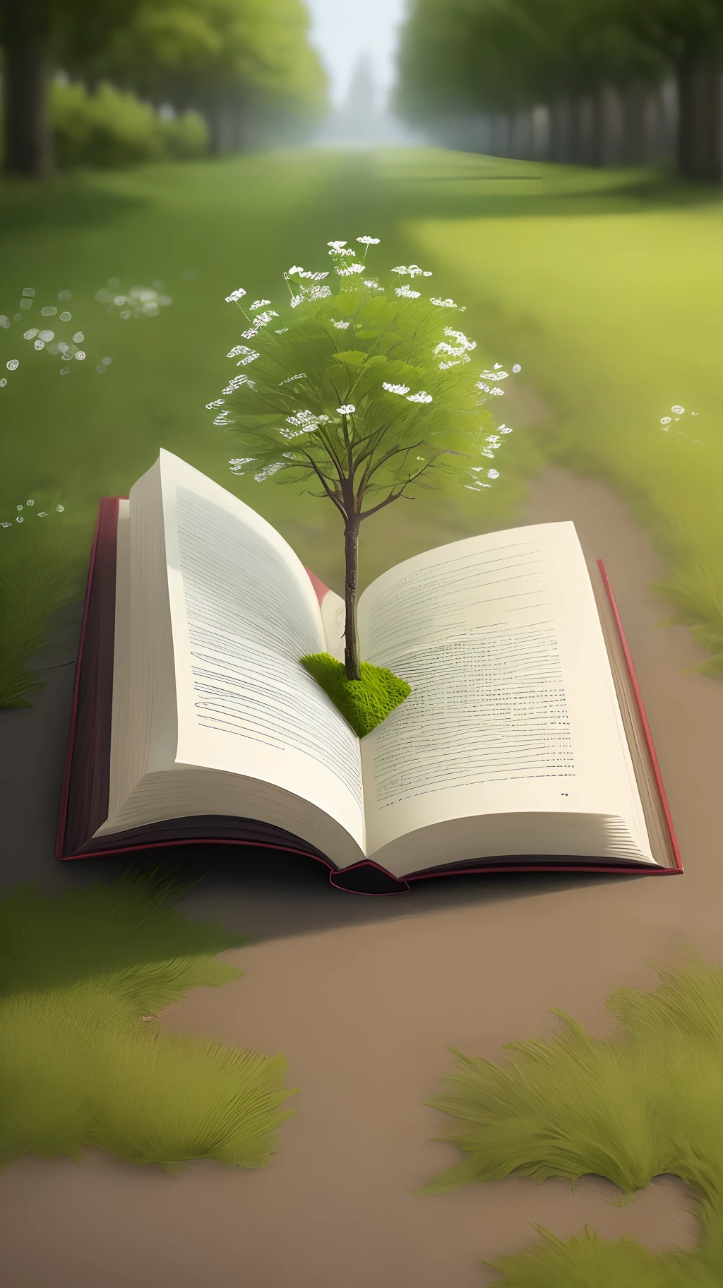 Generate a green blooming tree from an open book laying on the ground earth