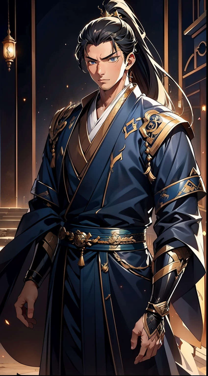 quadratic element，style of anime，mtu（Male Warrior），The proportions are correct，Face details，swordsmen，High ponytail hairstyle，Neck details，There is an Adam's apple，Blue suit，kaftan，long blue robes，clothes details，Handing over，longer sleeves，Game quality，Swordsmanship，Light and shadow tracking，Ray traching，detailed glow，cg render，hair detail，Black long hair，blue colored eyes，Handsome，Handsome，（juvenile sense），Clothing is complicated，Perfectcomposition，Refinement，high qulity，higher details，Lots of details，The background is complex，a sense of atmosphere，