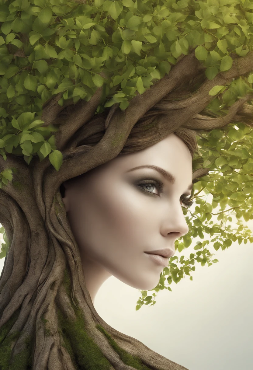close up, Arbomorph A hug of woman face turn into a leafy tree, with roots as legs, branches like arms, some leaves fly on a white background,l