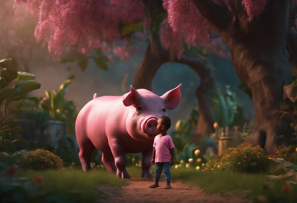 BLACK MALE AFRICAN 5 YEAR OLD SON IN A GARDEN WITH FLUFFY PINK PIG, NATURE, 8K, detailed matte painting, deep color, fantastical, intricate detail, splash screen, complementary colors, fantasy concept art, 8k resolution trending on Artstation Unreal Engine 5"