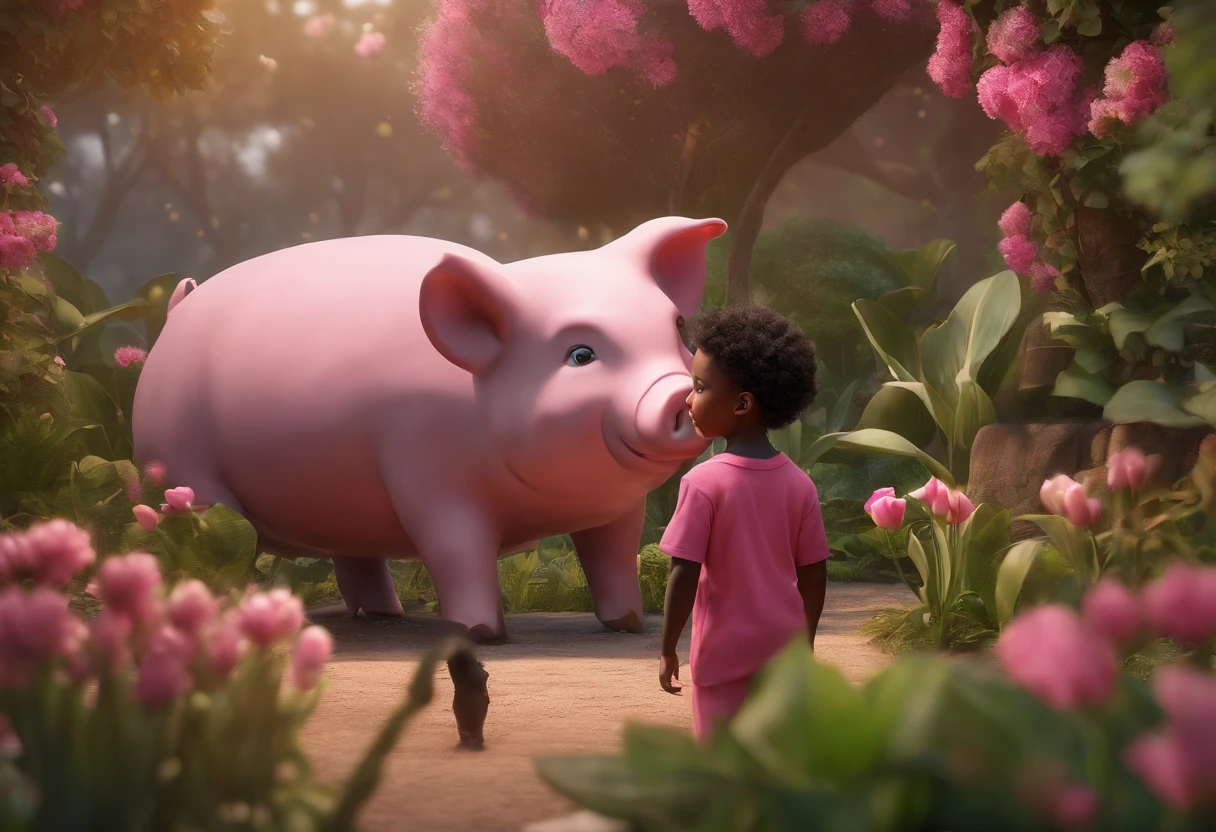 BLACK MALE AFRICAN 5 YEAR OLD SON IN A GARDEN WITH PINK PIG, NATURE, 8K, detailed matte painting, deep color, fantastical, intricate detail, splash screen, complementary colors, fantasy concept art, 8k resolution trending on Artstation Unreal Engine 5"