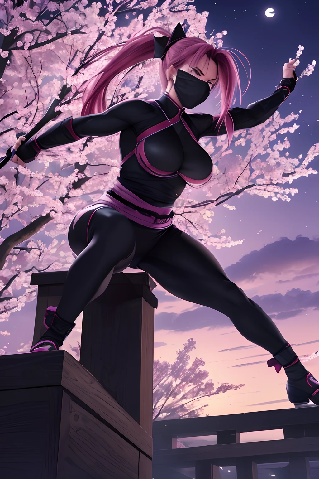 (best quality,4k,8k,highres,masterpiece:1.2),ultra-detailed,(realistic,photorealistic,photo-realistic:1.37),beautiful ninja woman,ample bosoms-long detailed pink hair in a stylish ponytail,ninja clothing-ninja mask,samurai sword-shuriken,traditional Japanese setting,japanese cherry blossoms,hidden moonlight ninja village,moonlit night,dark shadows,silhouette of a ninja on a rooftop,fierce and determined expression,strong and agile physique,dynamic ninja pose,sneaky footsteps,stealthy movements