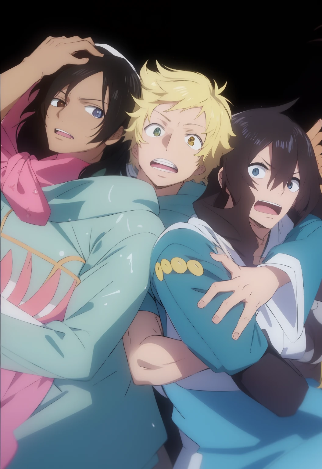 anime characters with their arms around each other, Cute boy with long black hair, blonde pretty boy with white skin, cute brown boy with curly hair