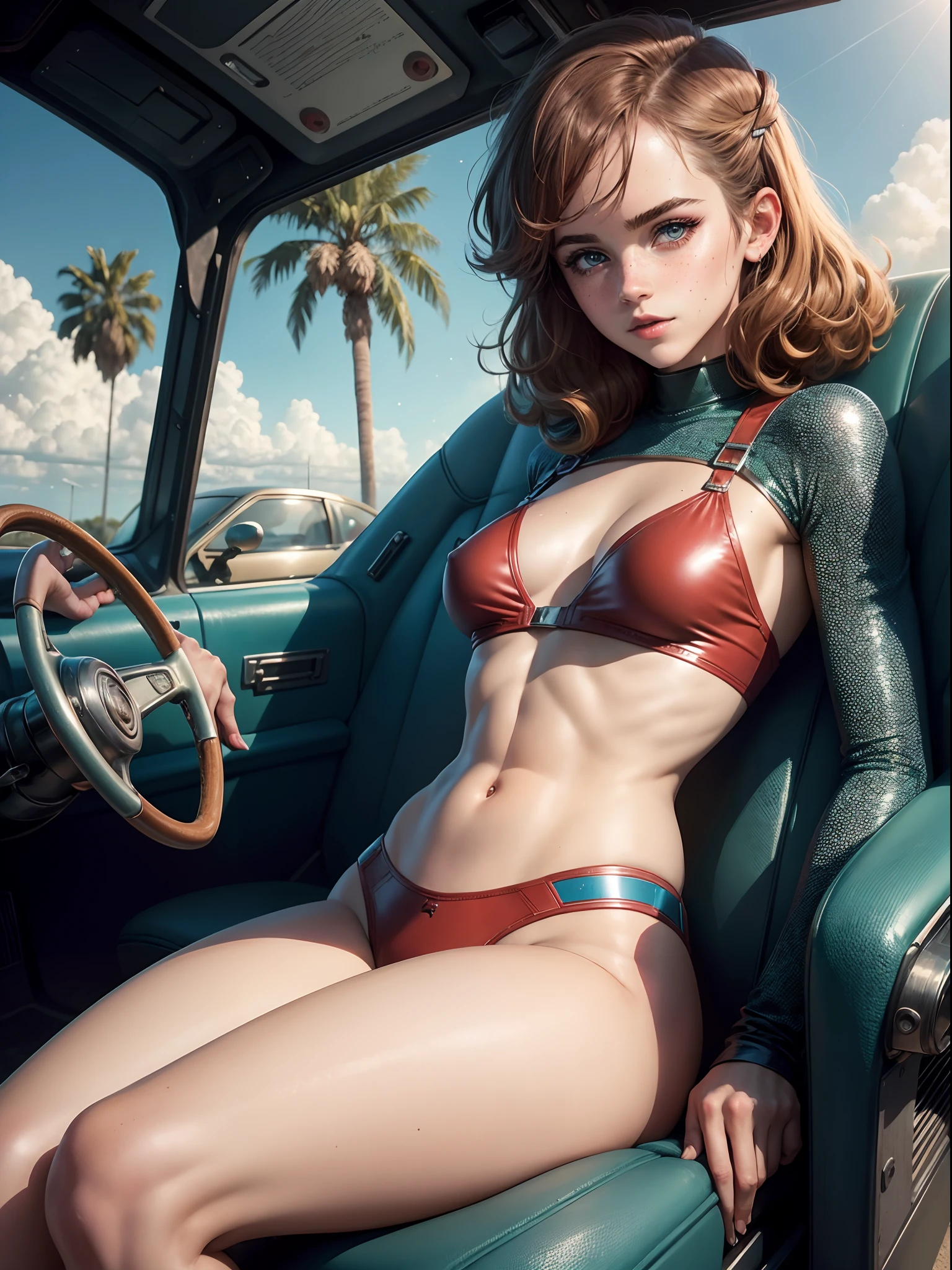 vintage manga sci-fi 80's. A beautiful emma watson inside her futuristic car. freckles, sparkly blue eyes. tight sparkly intricate red leather bikini. texturized crop top. background palm trees.