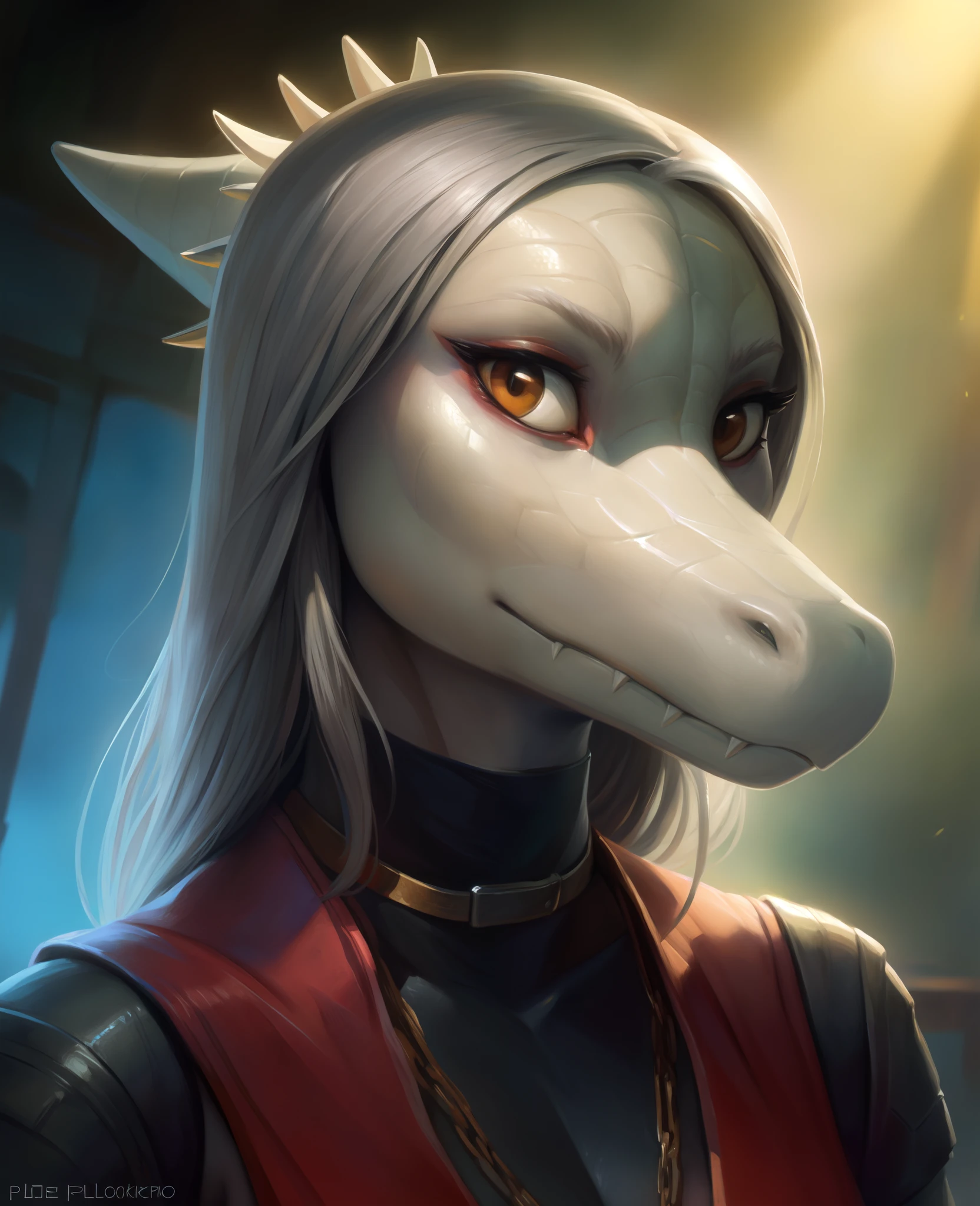 hi res, 8k, (masterpiece), soft shading, ultra detailed, detailed realistic painting, hdr, dslr, good anatomy, (masterpiece:1.2),(Portrait:1.5), scaled skin texture, (white skin),(gray hair),female, pterodactylus, dinosaur, Scales on face, fang, (black shirt), (simple backround),   depth of field, (detailed Bonifasko lighting), anatomically correct, [[by kenket|by totesfleisch8], by thebigslick:by silverfox5213:0.8], [by syuro, by paloma-paloma::0.2] (solo:1.1), Shangri-La, gobo light, rim light, volumetric light, looking at viewer,