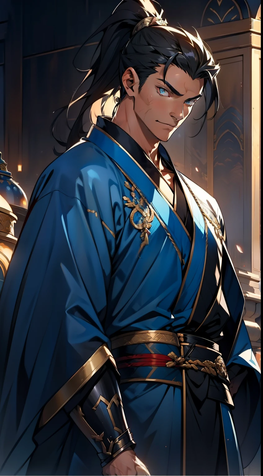 quadratic element,style of anime,mtu(Male Warrior),The proportions are correct,Face details,swordsmen,High ponytail hairstyle,Neck details,There is an Adam's apple,Blue suit,kaftan,long blue robes,clothes details,Handing over,longer sleeves,Game quality,Swordsmanship,Light and shadow tracking,Ray traching,detailed glow,cg render,hair detail,Black long hair,blue colored eyes,Handsome,Handsome,(juvenile sense),Clothing is complicated,Perfectcomposition,Refinement,high qulity,higher details,Lots of details,The background is complex,a sense of atmosphere,