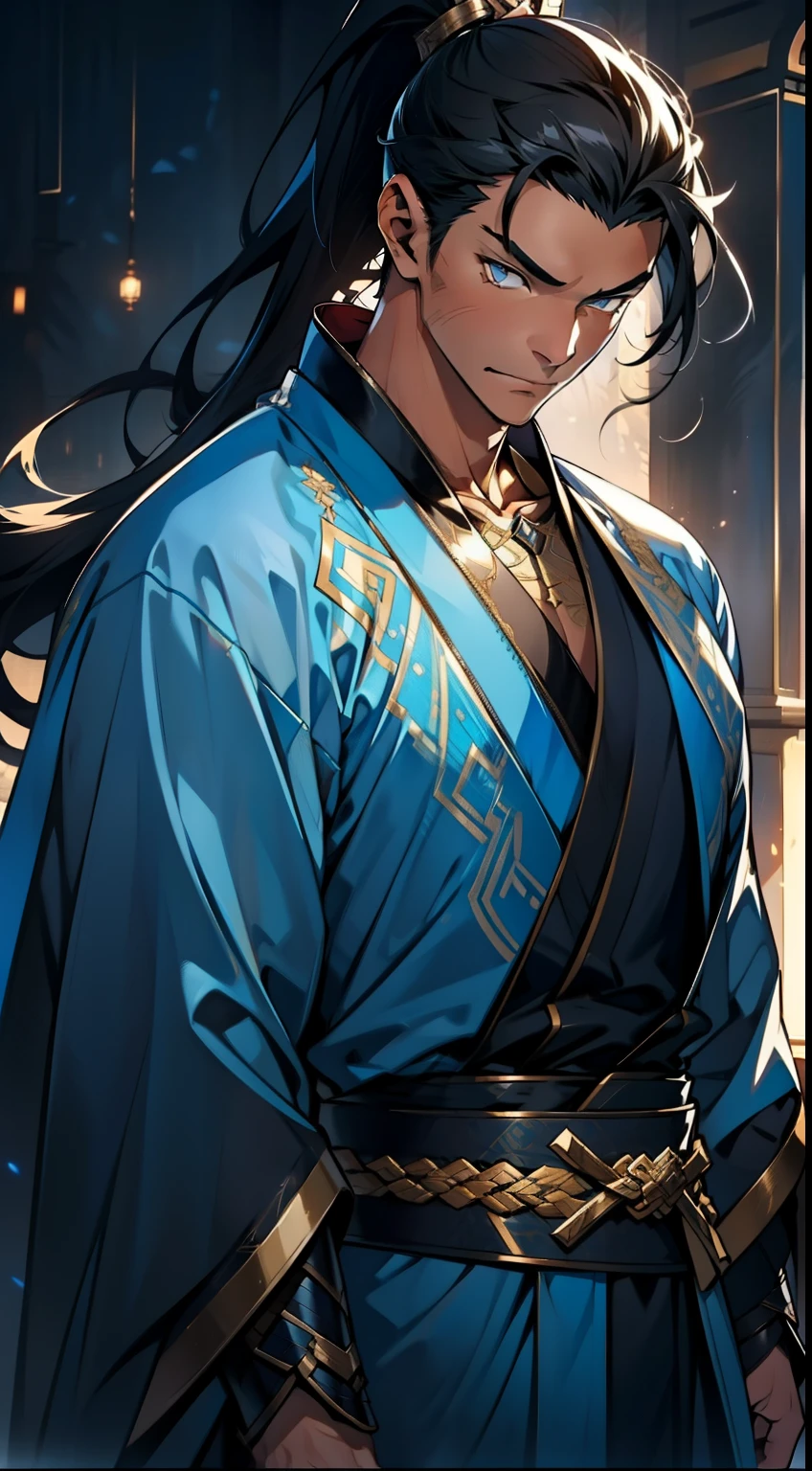 quadratic element,style of anime,mtu(Male Warrior),The proportions are correct,Face details,swordsmen,High ponytail hairstyle,Neck details,There is an Adam's apple,Blue suit,kaftan,long blue robes,clothes details,Handing over,longer sleeves,Game quality,Swordsmanship,Light and shadow tracking,Ray traching,detailed glow,cg render,hair detail,Black long hair,blue colored eyes,Handsome,Handsome,(juvenile sense),Clothing is complicated,Perfectcomposition,Refinement,high qulity,higher details,Lots of details,The background is complex,a sense of atmosphere,