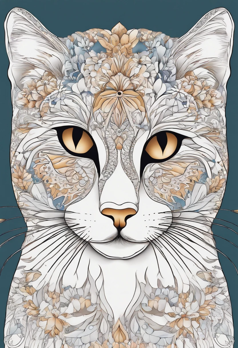 me of an image with fine strokes white background with cats for coloring and mandalas
