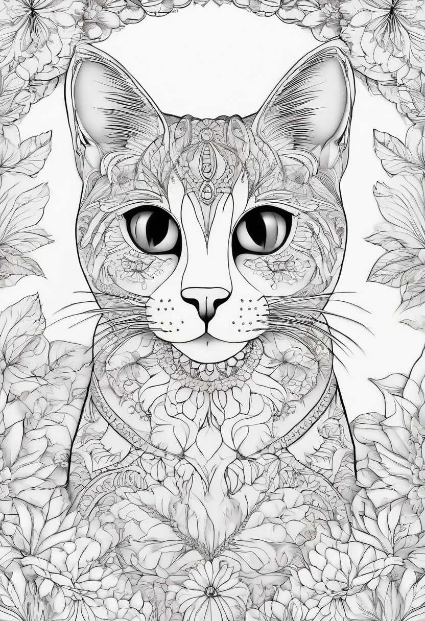 me of an image with fine strokes white background with cats for coloring and mandalas