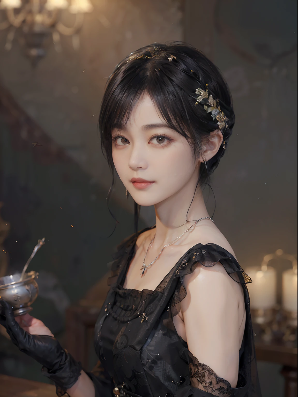 ((1womanl)),  (((Black Shorthair))), （masuter piece：1,3）、top-quality、​masterpiece、hight resolution、Original、highly detailed wallpaper、dress code、Luxurious necklace, A slight smil、a small face、(Breast)、(Light on Face)、Live-action style, Beautiful facial features, darkened room, ((Hu Dilan))