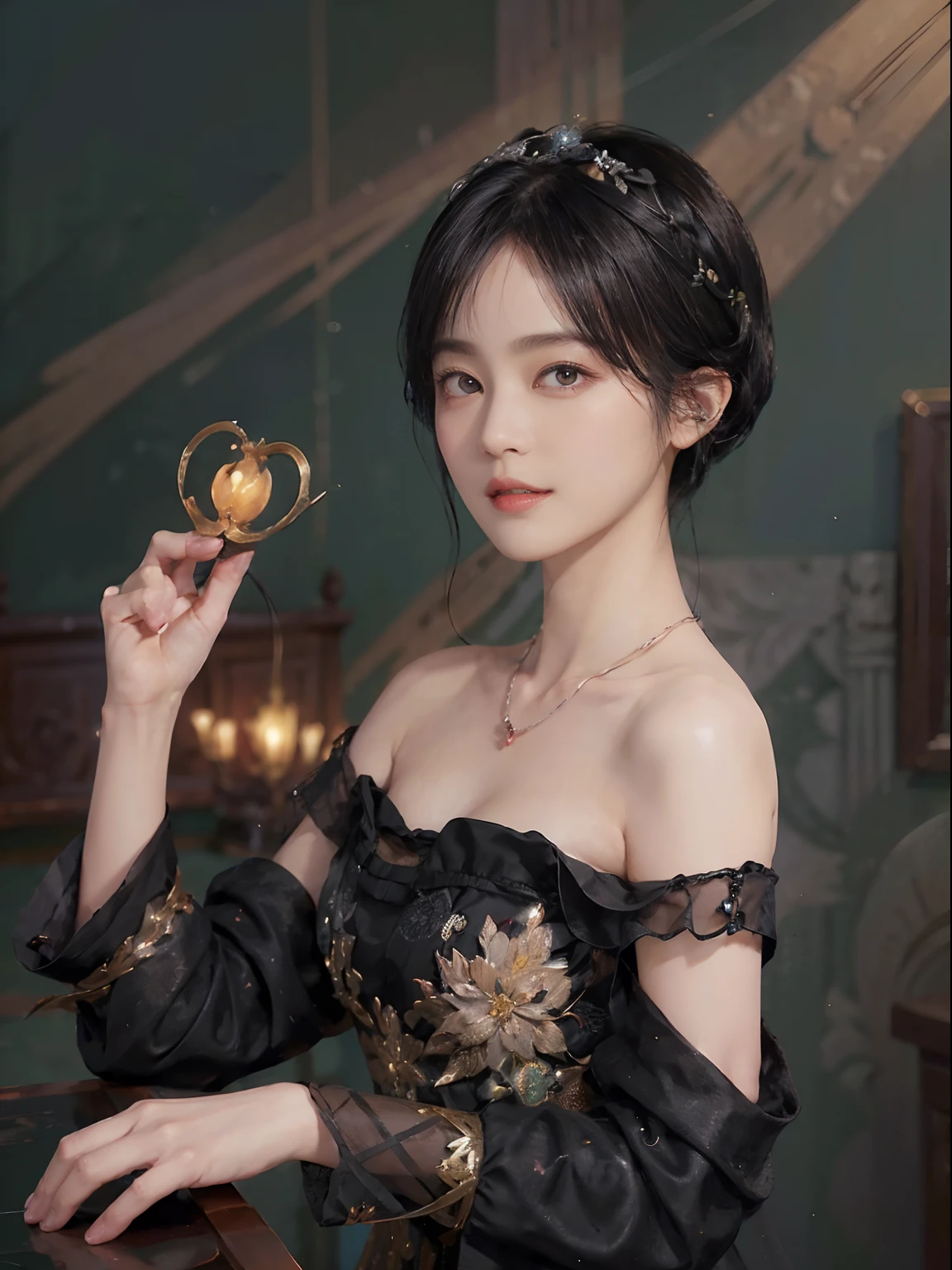 ((1womanl)),  (((Black Shorthair))), （masuter piece：1,3）、top-quality、​masterpiece、hight resolution、Original、highly detailed wallpaper、dress code、Luxurious necklace, A slight smil、a small face、(Breast)、(Light on Face)、Live-action style, Beautiful facial features, darkened room, ((Hu Dilan))
