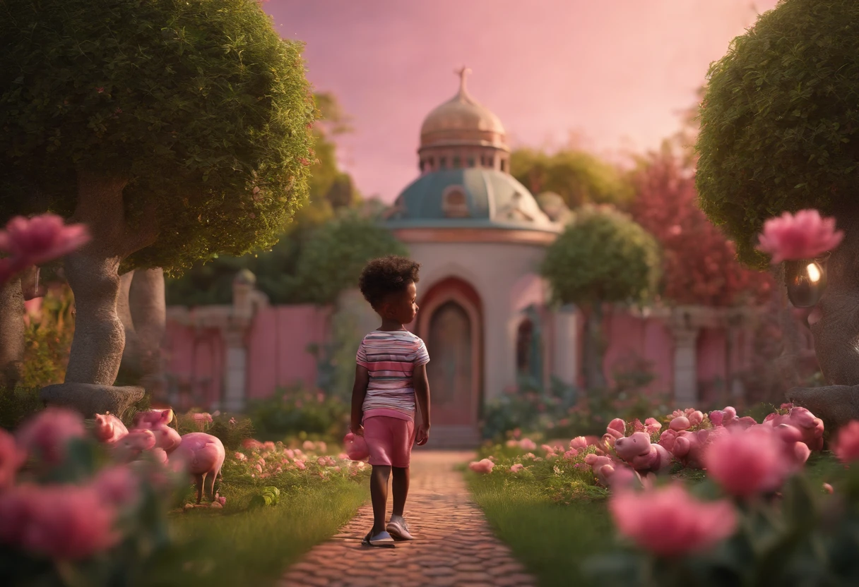 BLACK MALE AFRICAN 5 YEAR OLD SON IN A GARDEN WITH PINK PIG, NATURE, 8K, Realistic photo, detailed matte painting, deep color, fantastical, intricate detail, splash screen, complementary colors, 8k resolution trending on Artstation Unreal Engine 5"