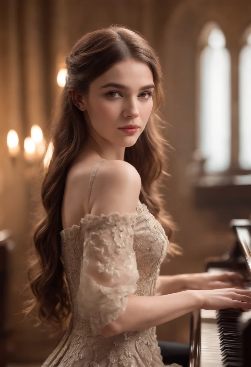 1girl, long hair, intricate dress, bare shoulders, playing piano, ((epic background))