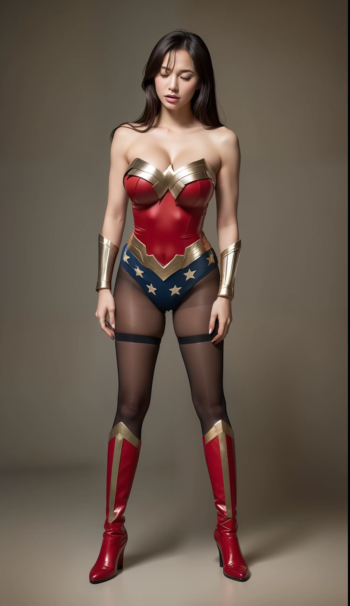 (((Make the most of the original image)))、(((Wonder Woman Costume)))、(((You must always close your eyes)))、(((Anguished facial expressions)))、(((lustrous dark hair)))、(((Must be hanged without fail)))、(((Feet must necessarily be worn with black tights)))、(((You need to wear red boots)))、((Top image quality、8K))、((top-quality、8K、​masterpiece:1.3))、Crisp focus:1.2、Beautiful woman with perfect body shape:1.4、Slender Abs:1.2、((layers-Cut、large boob:1.2))、a wet body:1.5、Highly detailed facial and skin texture、