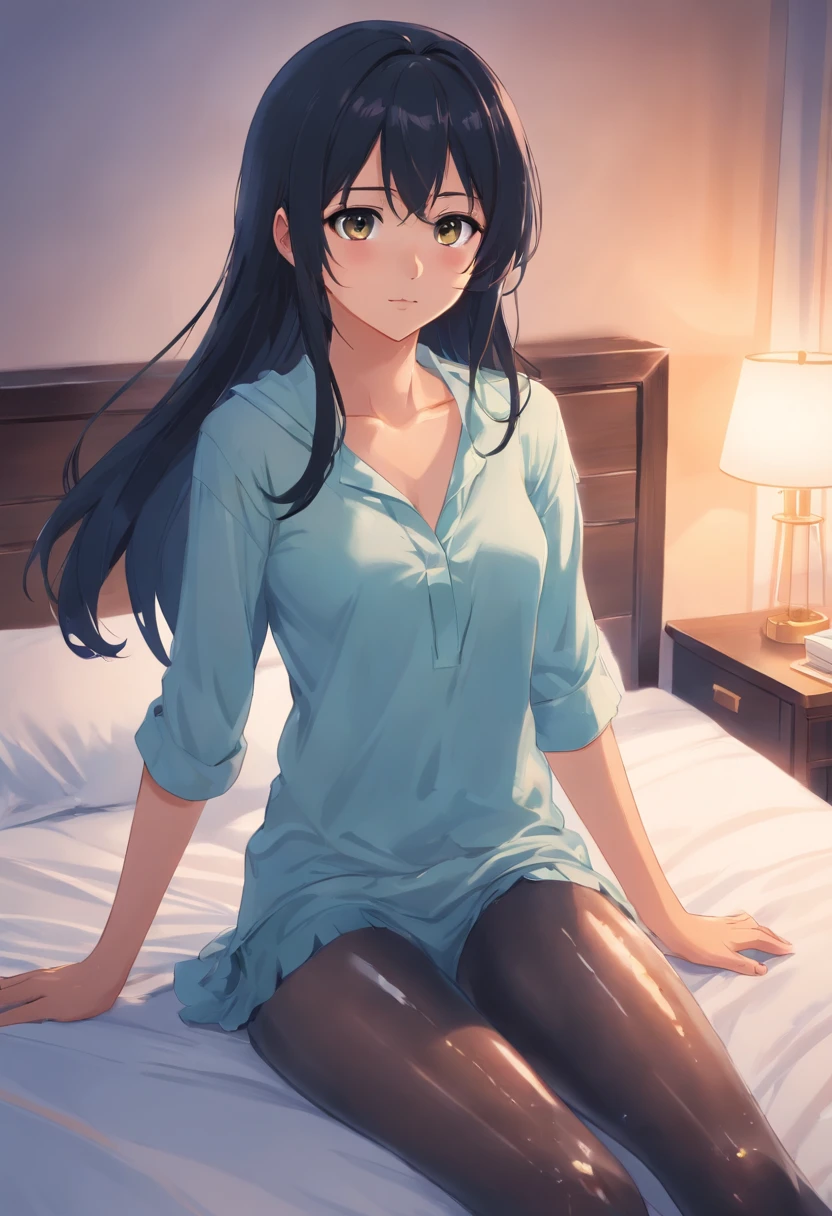 Girl, , wet, sweating, lewd face, tights, long black hair, spread legs, on bed, spreading pussy