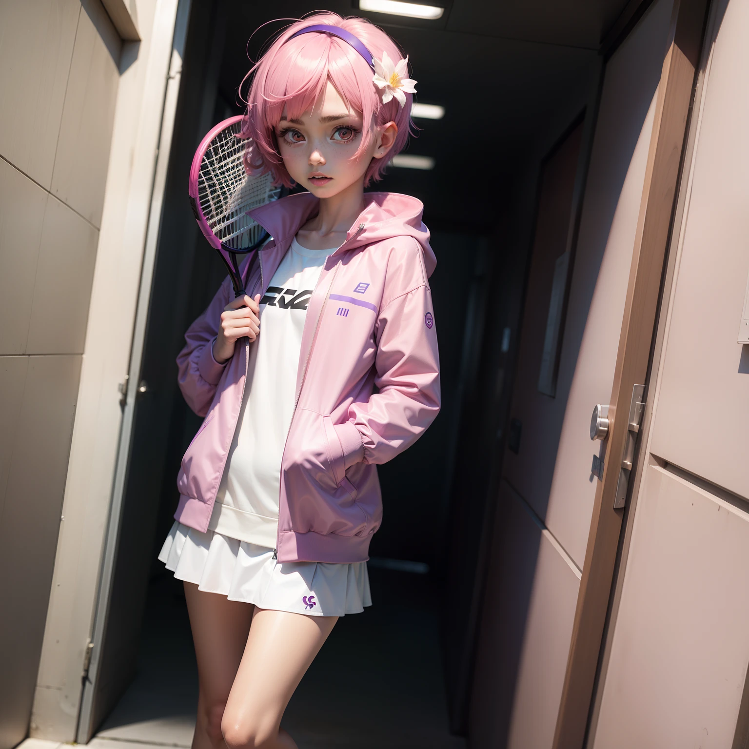tennis coat,PH Momo, momohd, phmomo, Solo, 1girl in, Pink hair, Purple eyes, Short hair, Hair Flower, Wear tennis wear, Big eyes, embarrassed,Holding a tennis racket in his right hand,The left hand does not hold anything,