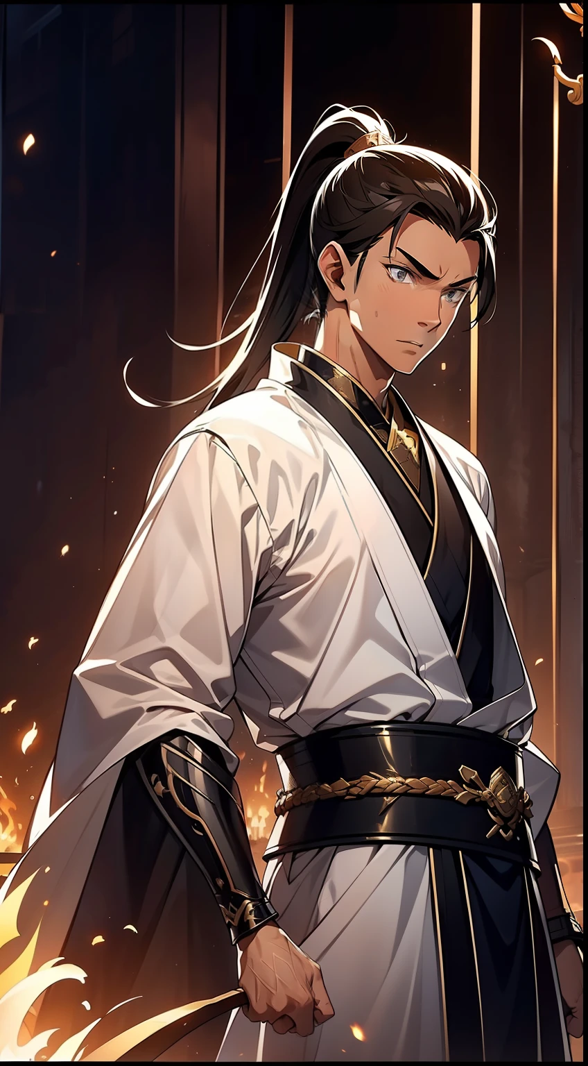 quadratic element，style of anime，mtu（Male Warrior），The proportions are correct，Face details，swordsmen，High ponytail hairstyle，Neck details，（Positive focus），（in the darkness nigth：1），（best qualtiy），（Fidelity：1），filmposter，realistic skin textures，highly  detailed，8k wallpaper，Volumetriclighting，动态照明，A man，Long black ponytail hair，long white robe，white sash，A small amount of armor，Shoulder blades，Waist Guard，Hand Guard，Ancient Chinese wind，attack pose，blood stain，Broken clothes，Ancient Chinese Battlefield，Arrows fly，There is a lot of war，the night，Dramatic composition，Sword qi surrounding，The picture is rich in detail，karo，电影灯光，Clothing is complicated，Perfectcomposition，Refinement，high qulity，higher details，Lots of details，The background is complex，a sense of atmosphere，Game quality，Swordsmanship，Light and shadow tracking，Ray traching，detailed glow，cg render，hair detail，