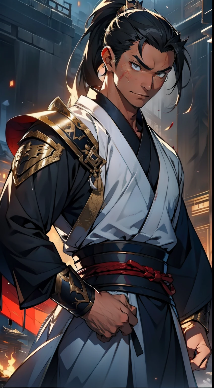 quadratic element,style of anime,mtu(Male Warrior),The proportions are correct,Face details,swordsmen,High ponytail hairstyle,Neck details,(Positive focus),(in the darkness nigth:1),(best qualtiy),(Fidelity:1),filmposter,realistic skin textures,highly detailed,8k wallpaper,Volumetriclighting,动态照明,A man,Long black ponytail hair,long white robe,white sash,A small amount of armor,Shoulder blades,Waist Guard,Hand Guard,Ancient Chinese wind,attack pose,blood stain,Broken clothes,Ancient Chinese Battlefield,Arrows fly,There is a lot of war,the night,Dramatic composition,Sword qi surrounding,The picture is rich in detail,karo,电影灯光,Clothing is complicated,Perfectcomposition,Refinement,high qulity,higher details,Lots of details,The background is complex,a sense of atmosphere,Game quality,Swordsmanship,Light and shadow tracking,Ray traching,detailed glow,cg render,hair detail,