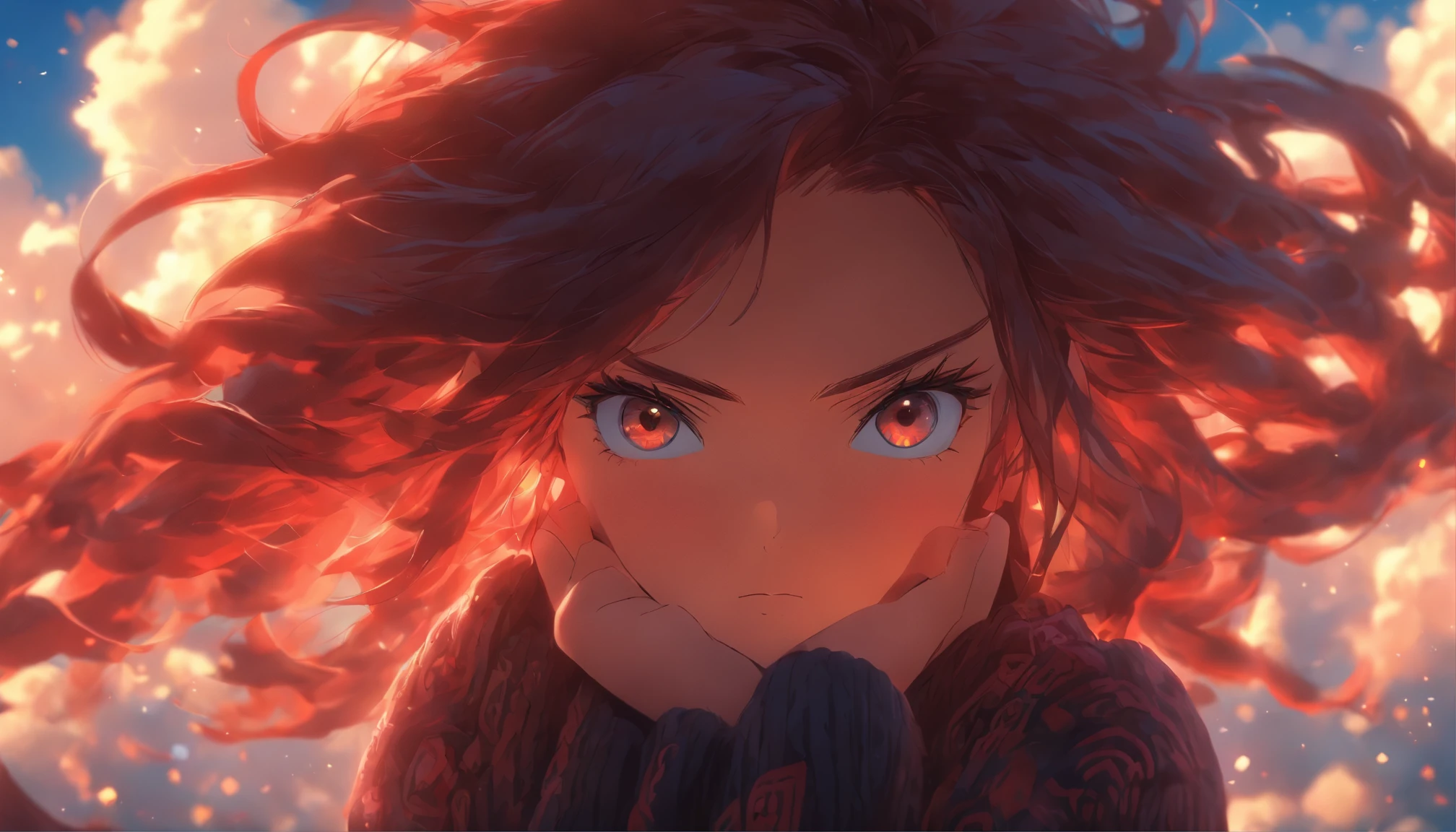 very beatiful girl, Bright brown eyes, long, even dark red hair, ogle, blush on cheeks, Long knitted sweater in black, blue sky, clouds, a lot of bright hieroglyphs