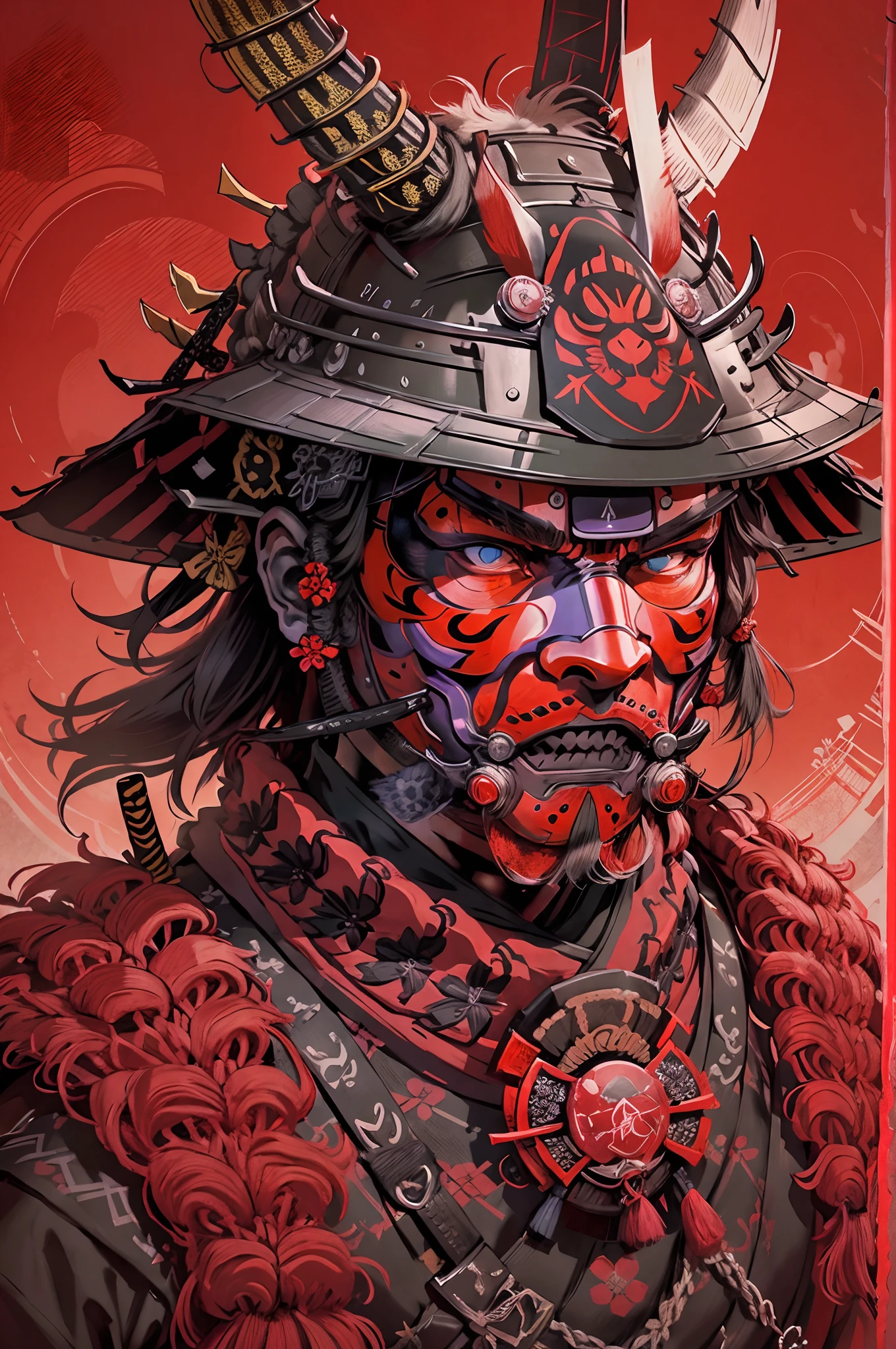 Samurai, capacete vermelho, mask in the mouth, visible eyes, rosto e capacete detalhados, close no rosto, illustration, DE FRENTE ao espectador, obra prima,altamente detalhado.