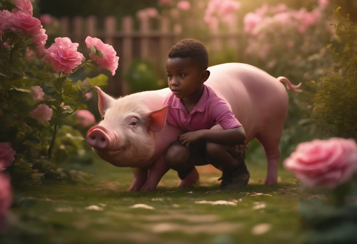 BLACK MALE AFRICAN 5 YEAR OLD SON IN A GARDEN WITH PINK PIG, NATURE, 8K, Realistic photo, deep color, fantastical, intricate detail, splash screen, complementary colors, 8k resolution trending on Artstation Unreal Engine 5"