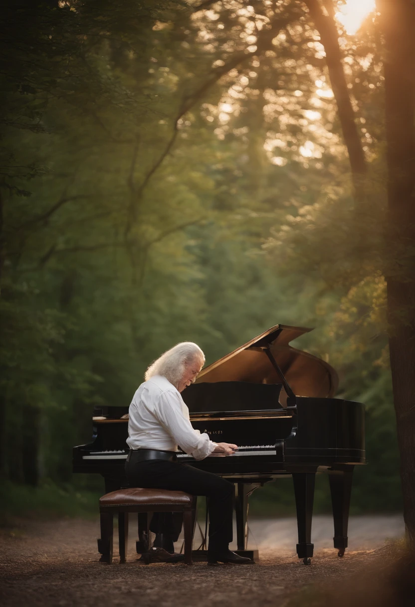 1man, ((bach)), white long hair, intricate shirt, bare shoulders, playing piano, ((epic background))