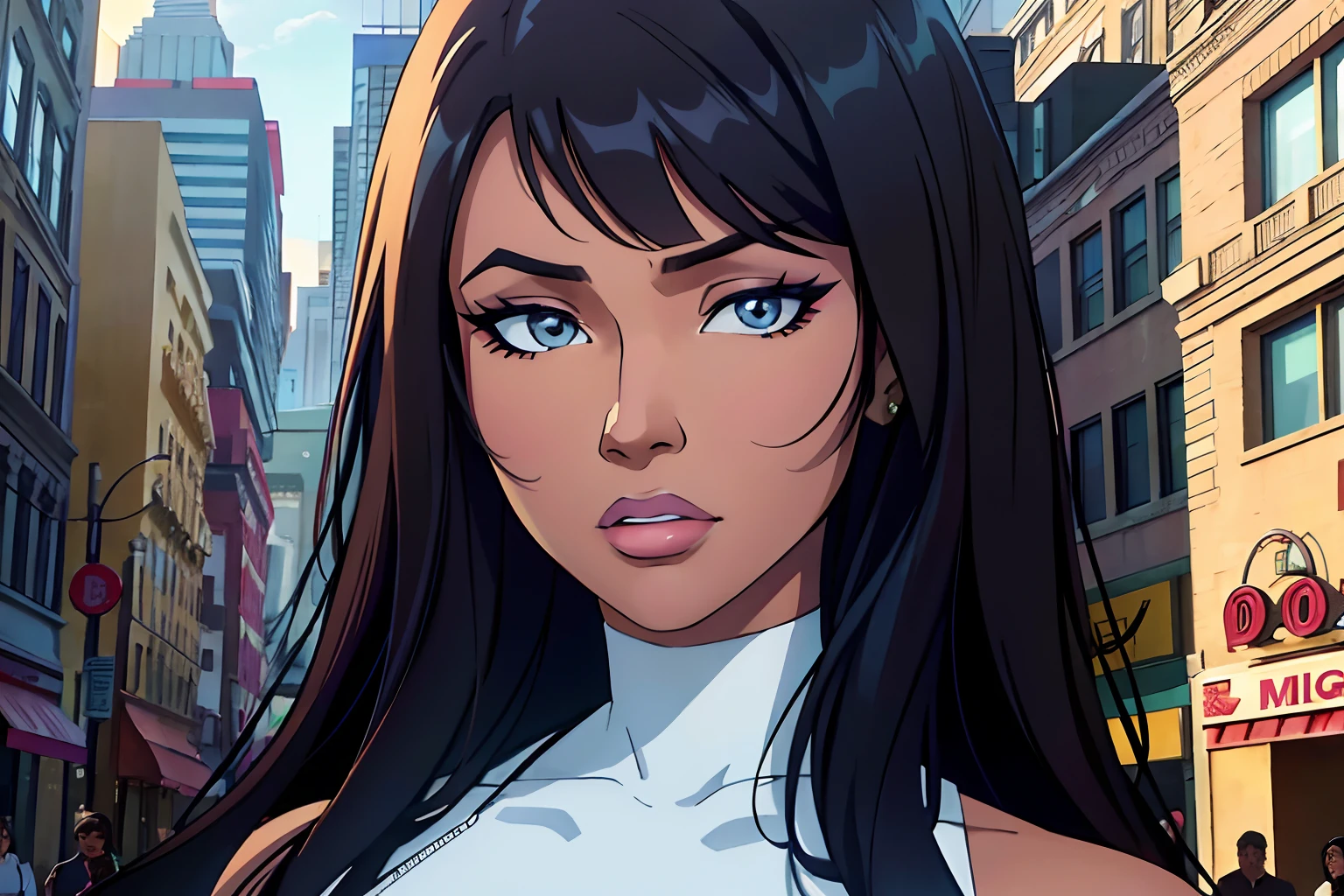 (nicki minaj), brown skin, long hair with bangs, makeup, super detailed, modern style, city, direct look, contoured