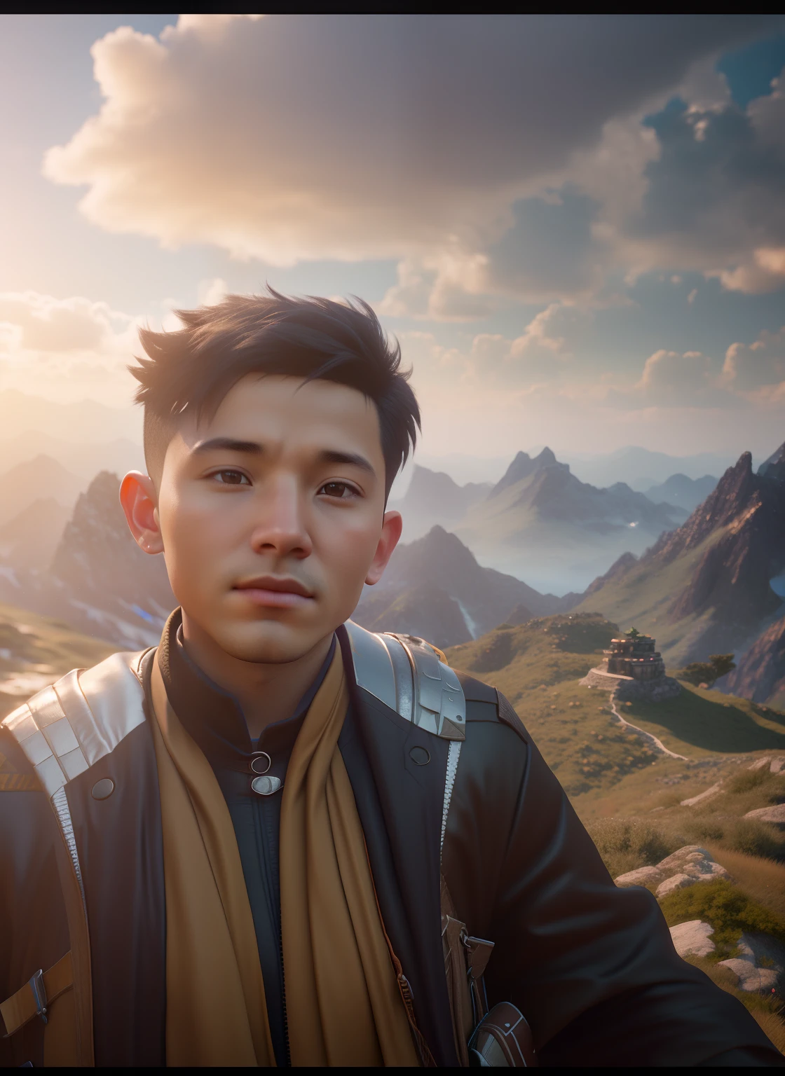 there is a young man standing on a mountain with a sky background, matte painting portrait shot, 8k portrait render, small character. unreal engine 5, made in unreal engine 5, rendered in unreal engine 5, cinematic realistic portrait, rendered unreal engine 5, unreal engine 5 render dramatic, unreal engine 5 quality render, unreal engine 5 highly rendered