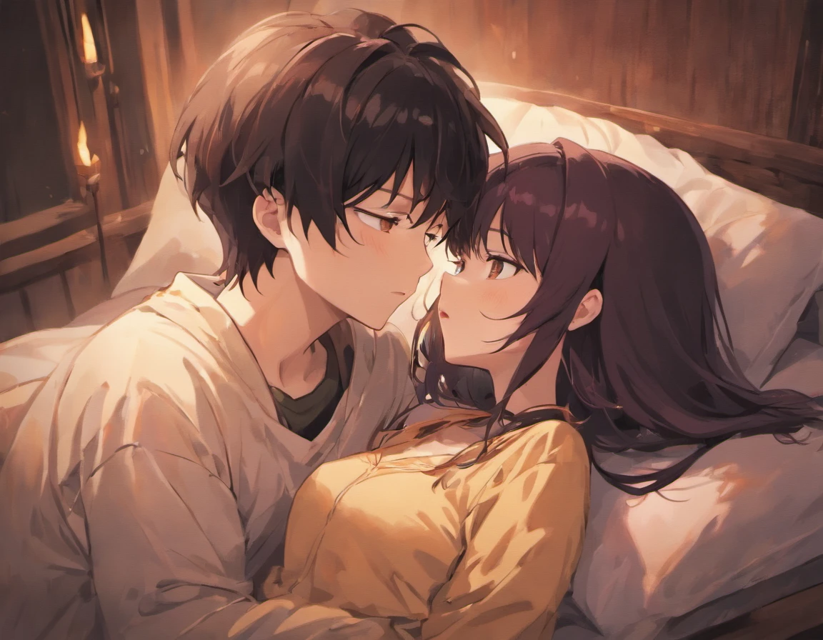 Anime couple in bed with a blanket and a window - SeaArt AI