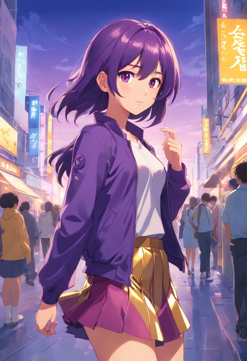 1 girl, Ribena theme, Ribena style, purple long hair, golden jacket, skirt, blackcurrant