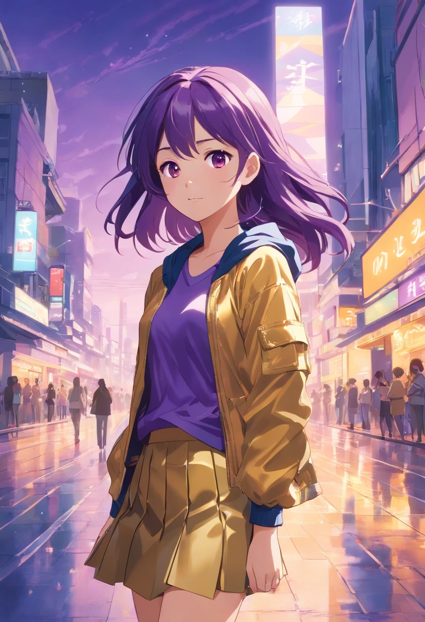 1 girl, Ribena theme, Ribena style, purple long hair, golden jacket, skirt, blackcurrant