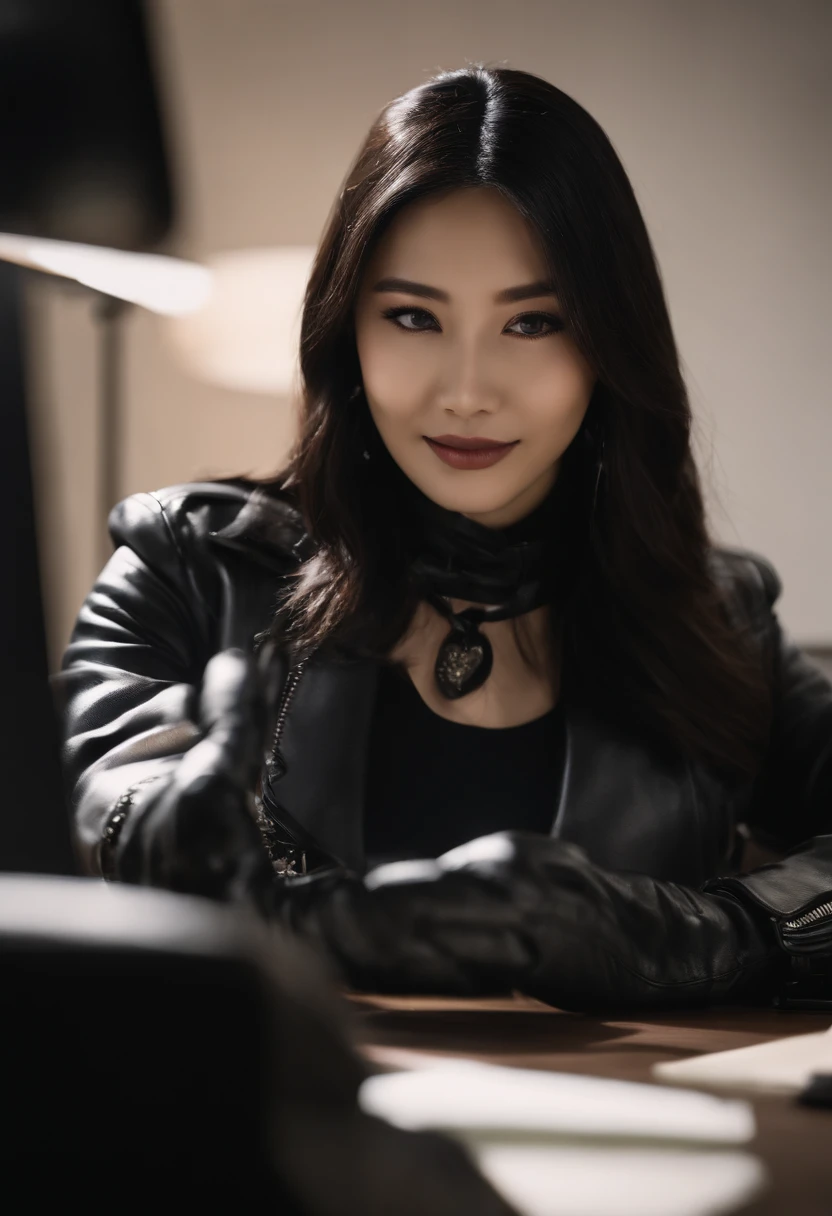 Wearing black leather gloves in both hands, upper body, black leather riders jacket, necklace on the chest, smiling at the desk in the modern study in the dark, long and straight black hair, young Japanese woman (black leather gloves covering both hands) with the fingers of black leather gloves, sitting on the chair, working on the computer, staring at the screen