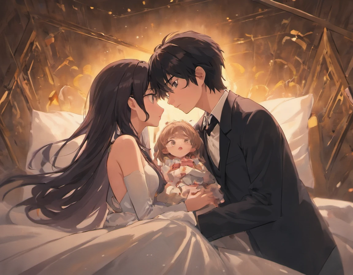 girl with2a person A dark-haired Longhaire a bed embracing each other the kiss