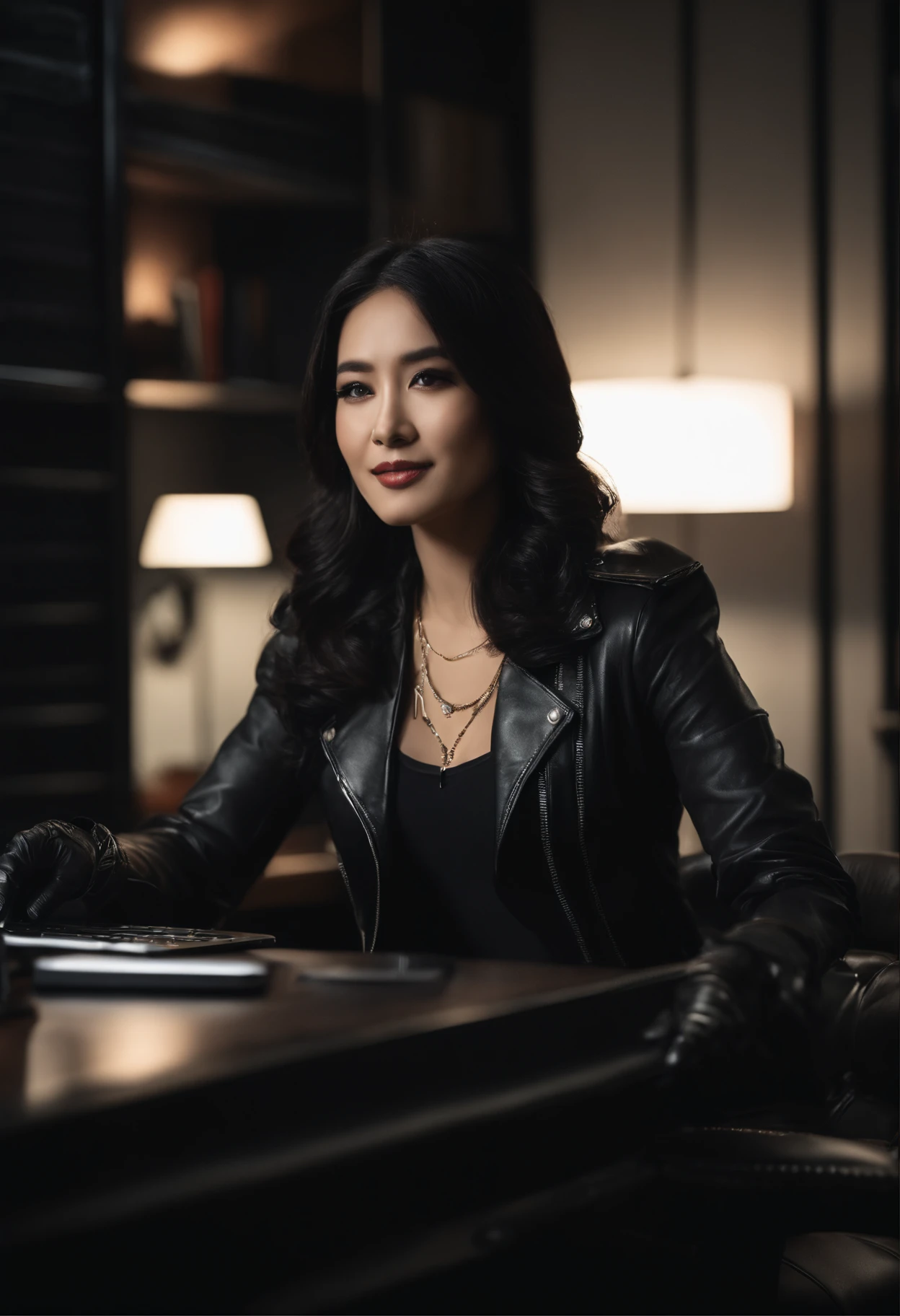 Wearing black leather gloves in both hands, upper body, black leather riders jacket, necklace on the chest, smiling at the desk in the modern study in the dark, long and straight black hair, young Japanese woman (black leather gloves covering both hands) with the fingers of black leather gloves, sitting on the chair, working on the computer, staring at the screen