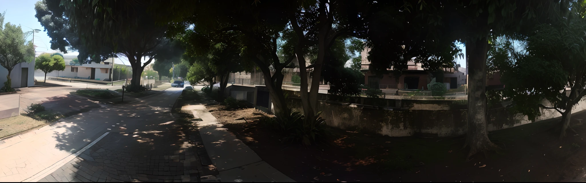 View of a street with a building and trees in the background, con un parque en la parte trasera, Aparcar en el fondo, trees outside, bien sombreado, Some trees in the corner, con un parque al fondo, against the backdrop of trees, un parque, under the soft shade of a tree, en jardines de marihuana
