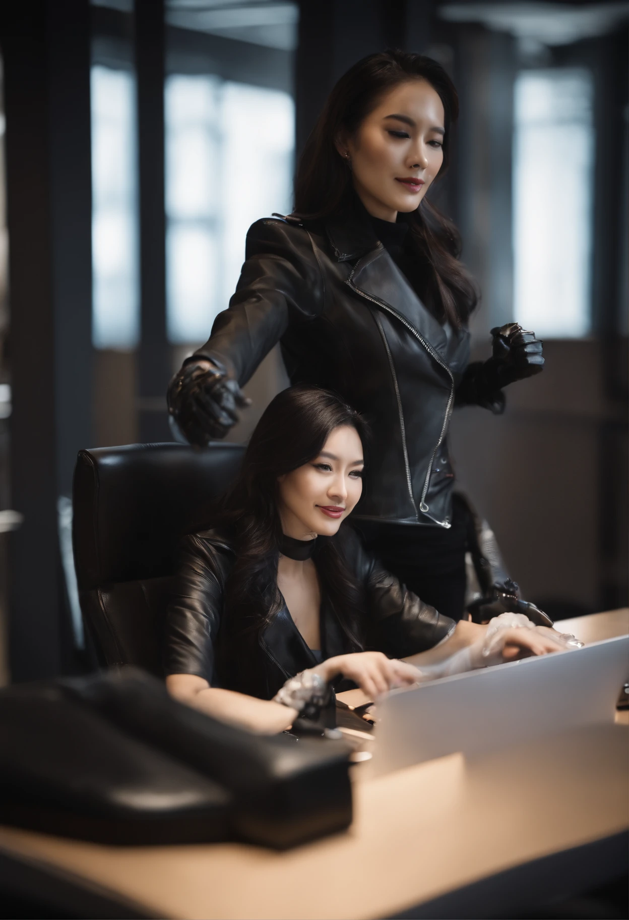 Wearing black leather gloves in both hands, upper body, black leather riders jacket, necklace on the chest, smiling at the desk in the modern study in the dark, long and straight black hair, young Japanese woman (black leather gloves covering both hands) with the fingers of black leather gloves, sitting on the chair, working on the computer, staring at the screen