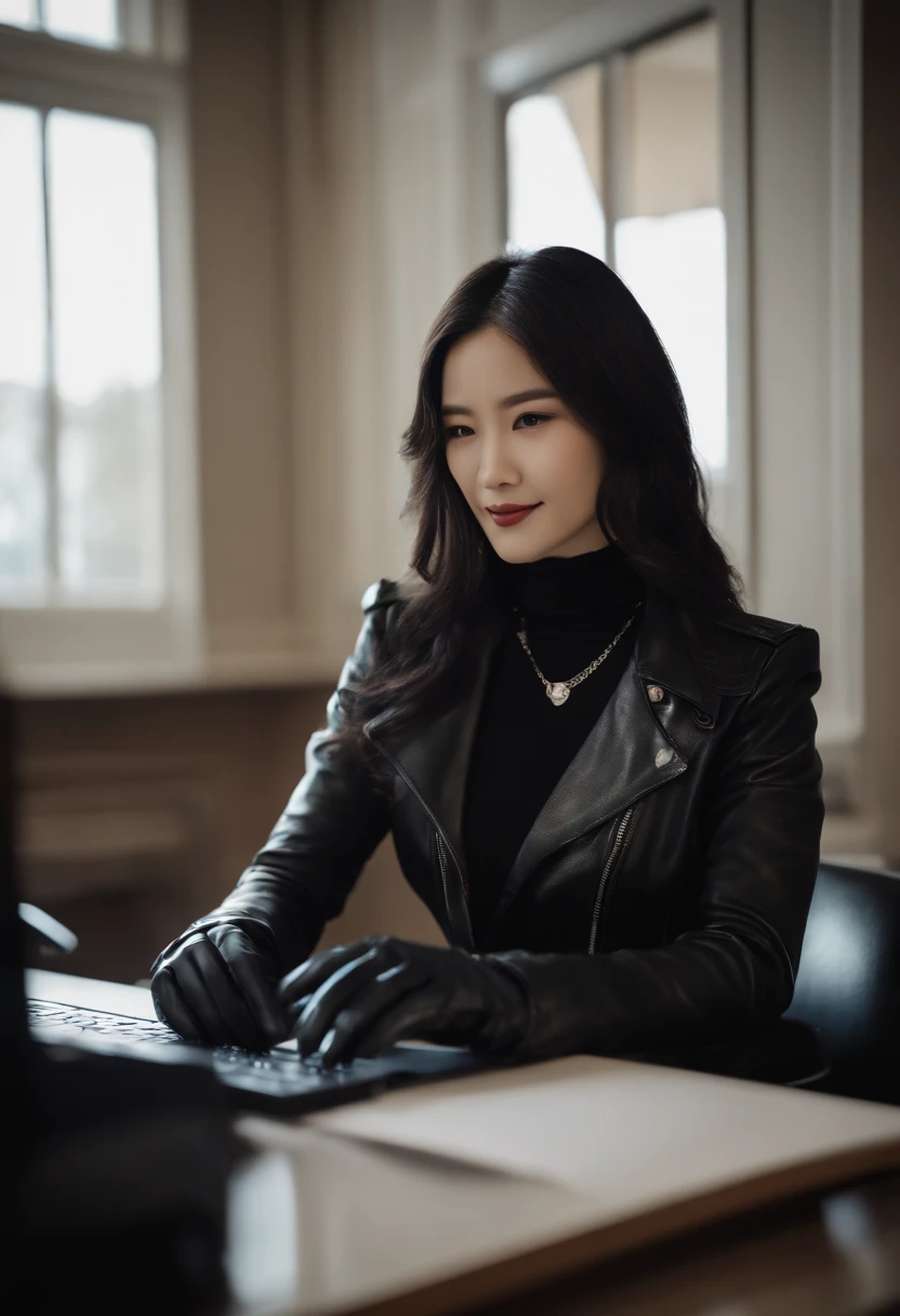 Wearing black leather gloves in both hands, upper body, black leather riders jacket, necklace on the chest, smiling at the desk in the modern study in the dark, long and straight black hair, young Japanese woman (black leather gloves covering both hands) with the fingers of black leather gloves, sitting on the chair, working on the computer, staring at the screen