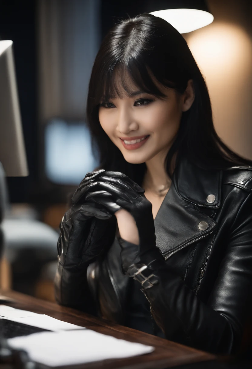 Wearing black leather gloves in both hands, upper body, black leather riders jacket, necklace on the chest, smiling at the desk in the modern study in the dark, long and straight black hair, young Japanese woman (black leather gloves covering both hands) with the fingers of black leather gloves, sitting on the chair, working on the computer, staring at the screen