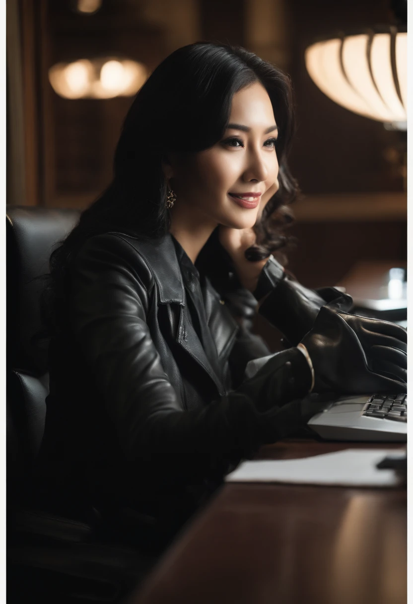 Wearing black leather gloves in both hands, upper body, black leather riders jacket, necklace on the chest, smiling at the desk in the modern study in the dark, long and straight black hair, young Japanese woman (black leather gloves covering both hands) with the fingers of black leather gloves, sitting on the chair, working on the computer, staring at the screen